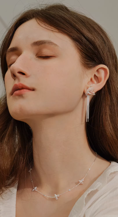 Butterfly Tassel Silver Stud Earrings